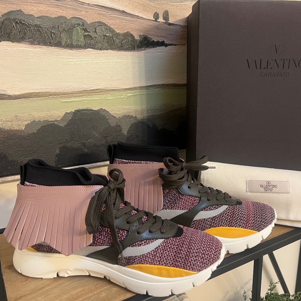 Valentino Heroes Tribe Rockstud Leather Fringe Hightop Knit Sneakers
